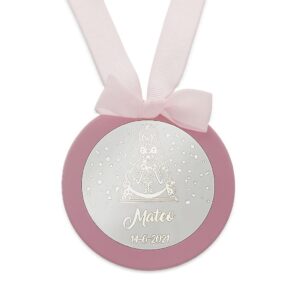 Medalla cuna personalizada redonda Virgen Rocio plata rosa Medalla cuna personalizada redonda Virgen Rocio plata rosa