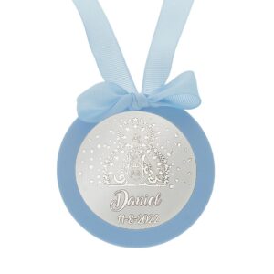 Medalla cuna redonda personlizada plata Virgen Cabeza azul Medalla cuna redonda personlizada plata Virgen Cabeza azul