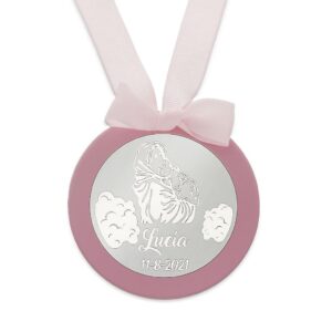 Medalla cuna redonda plata personalizable virge y niño rosa