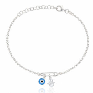 Pulsera plata suerte imperdible + mano fatima + ojo turco