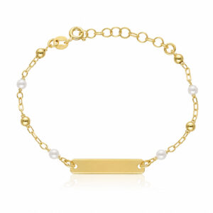 Pulsera bebe plata chapada oro perlas y placa