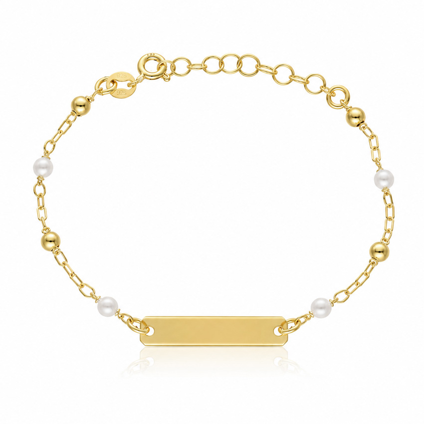 Pulsera bebe plata chapada oro perlas y placa Pulsera bebe plata chapada oro perlas y placa