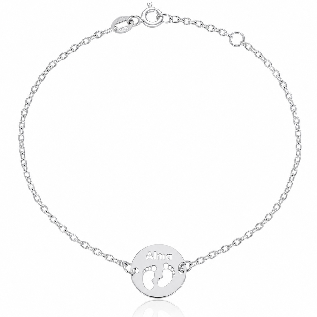 Pulsera personalizada pies de bebé y nombre calado en Plata de Ley 925 Pulsera personalizada con pies de bebé y nombre calado en Plata de Ley 925